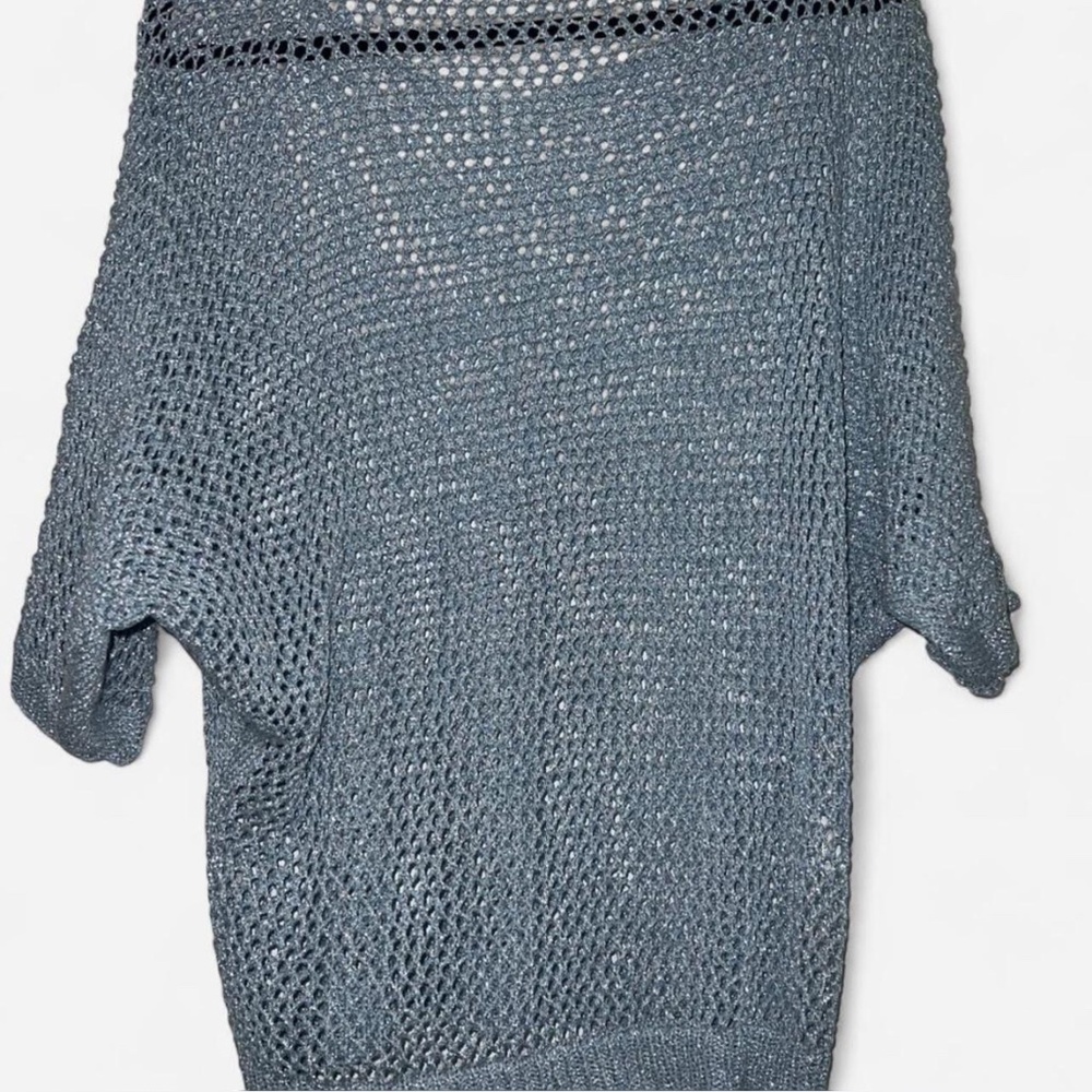 Light Blue Metallic Open-Knit Top Made in Italy Viscose Coastal Quiet Luxury - Picture 3 of 6